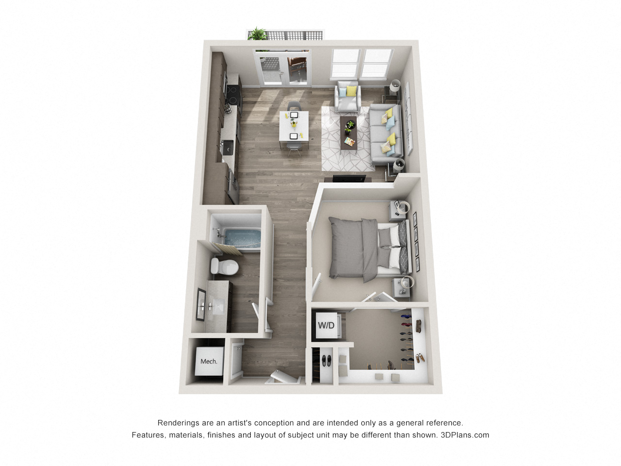 Floor plan for 1 bed, 1 bath, 693 sqft